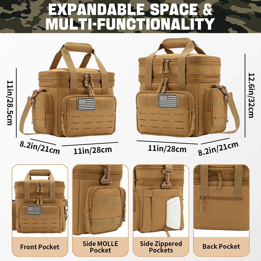 20L Tactical Insulated Lunch Bag with MOLLE Tissue Side Pouch